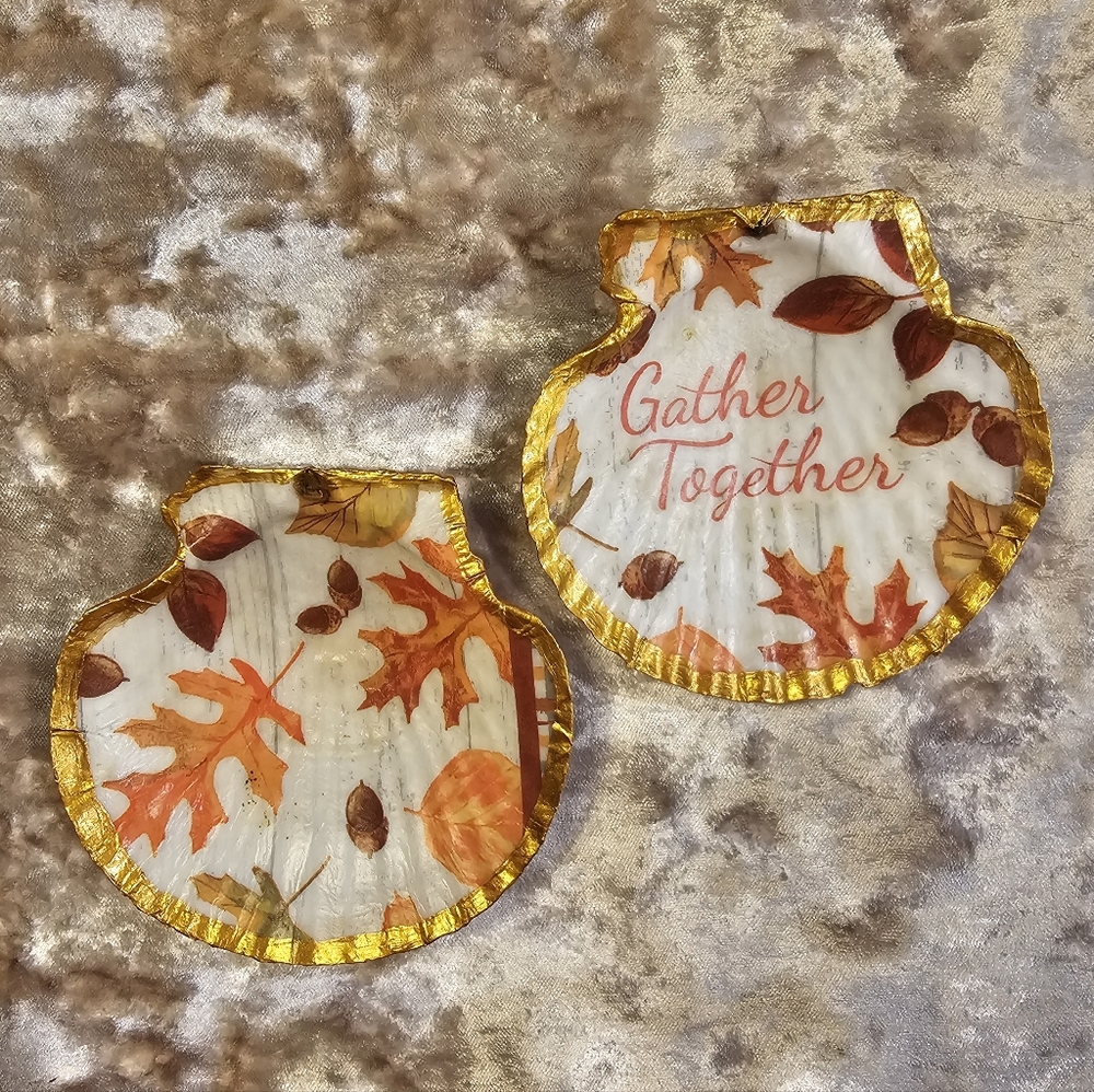 Handcrafted Autumn Leaf Decorative Shell Trinket Dish Plates Set of 2